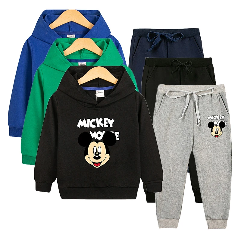 Disney Two Piece Clothes for Boys Cartoon Hooded Sweatshirt with Trousers Sportswear 2-10Y Children Mickey Mouse Lovely Outfits
