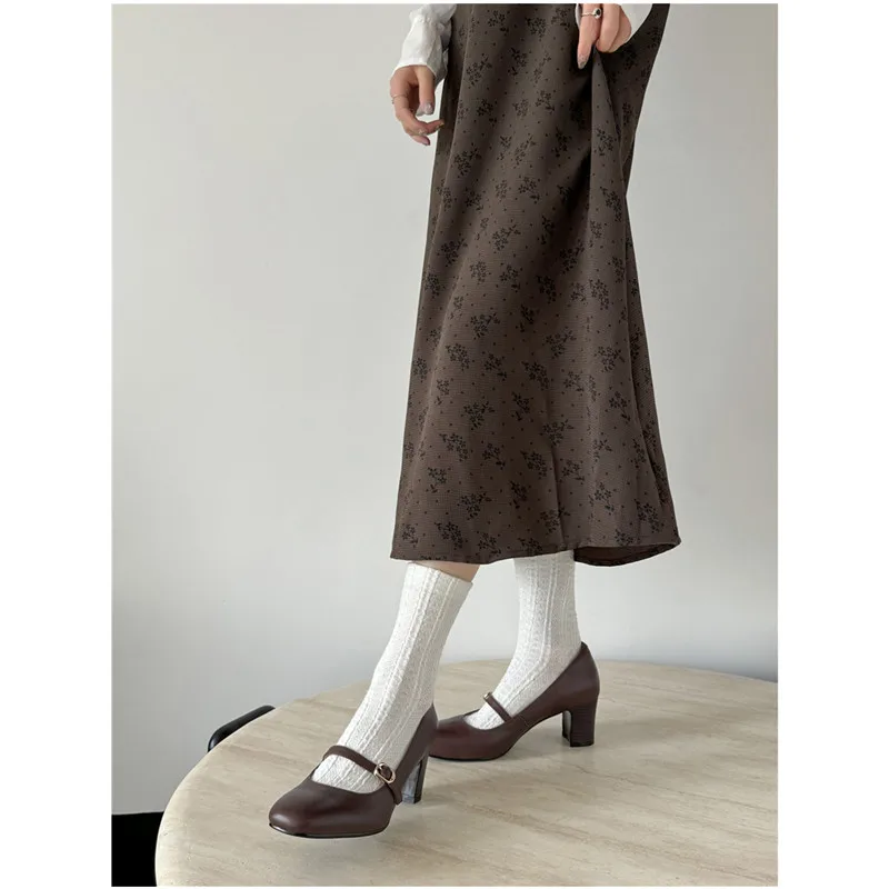 Туфли-лодочки MKKHOU женские натуральная кожа круглый носок высокий каблук Ретро