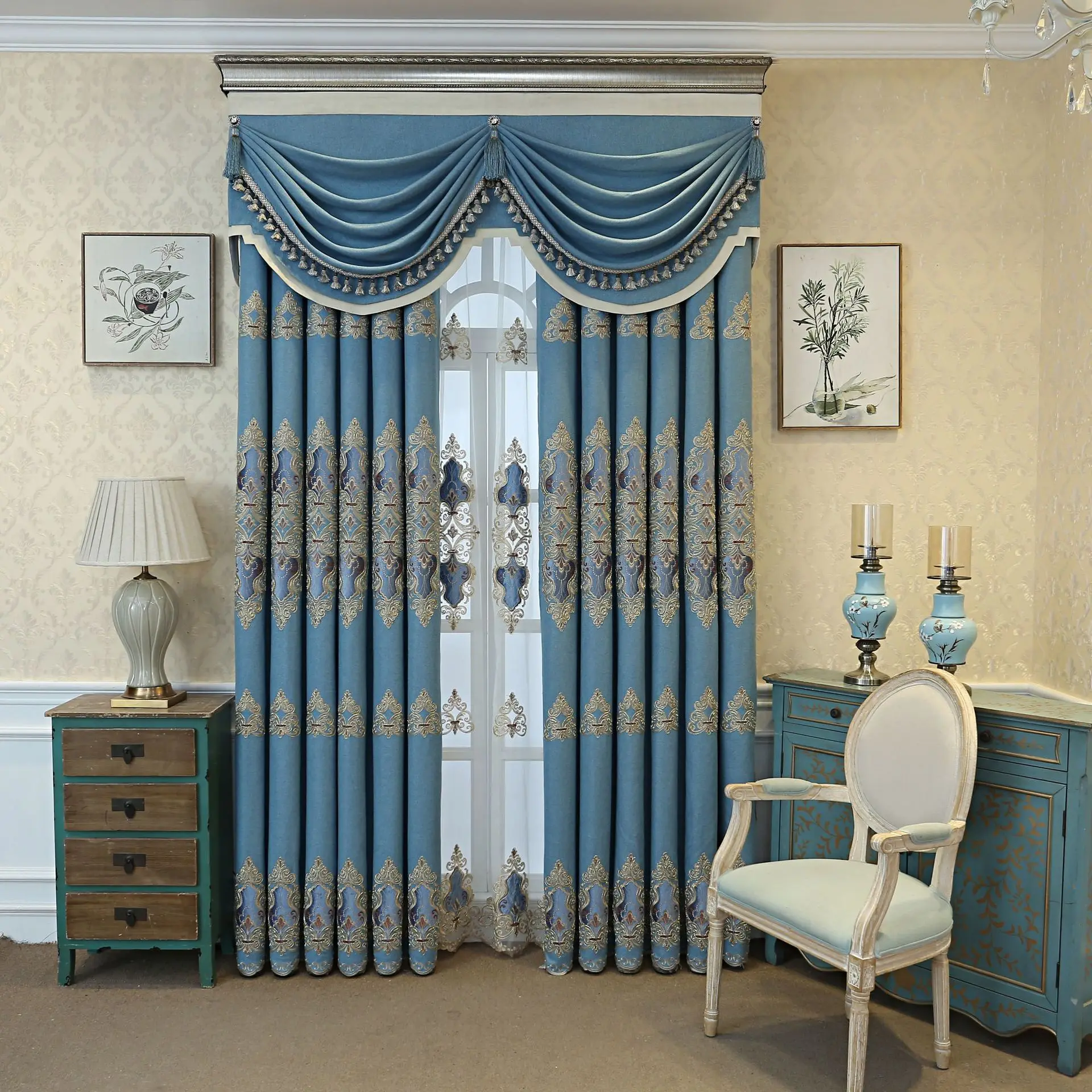 

Роскошные роскошные бархатные шторы дворца с вышивкой из синего бархата для гостиной, столовой, спальни, окна, дверной балдахин