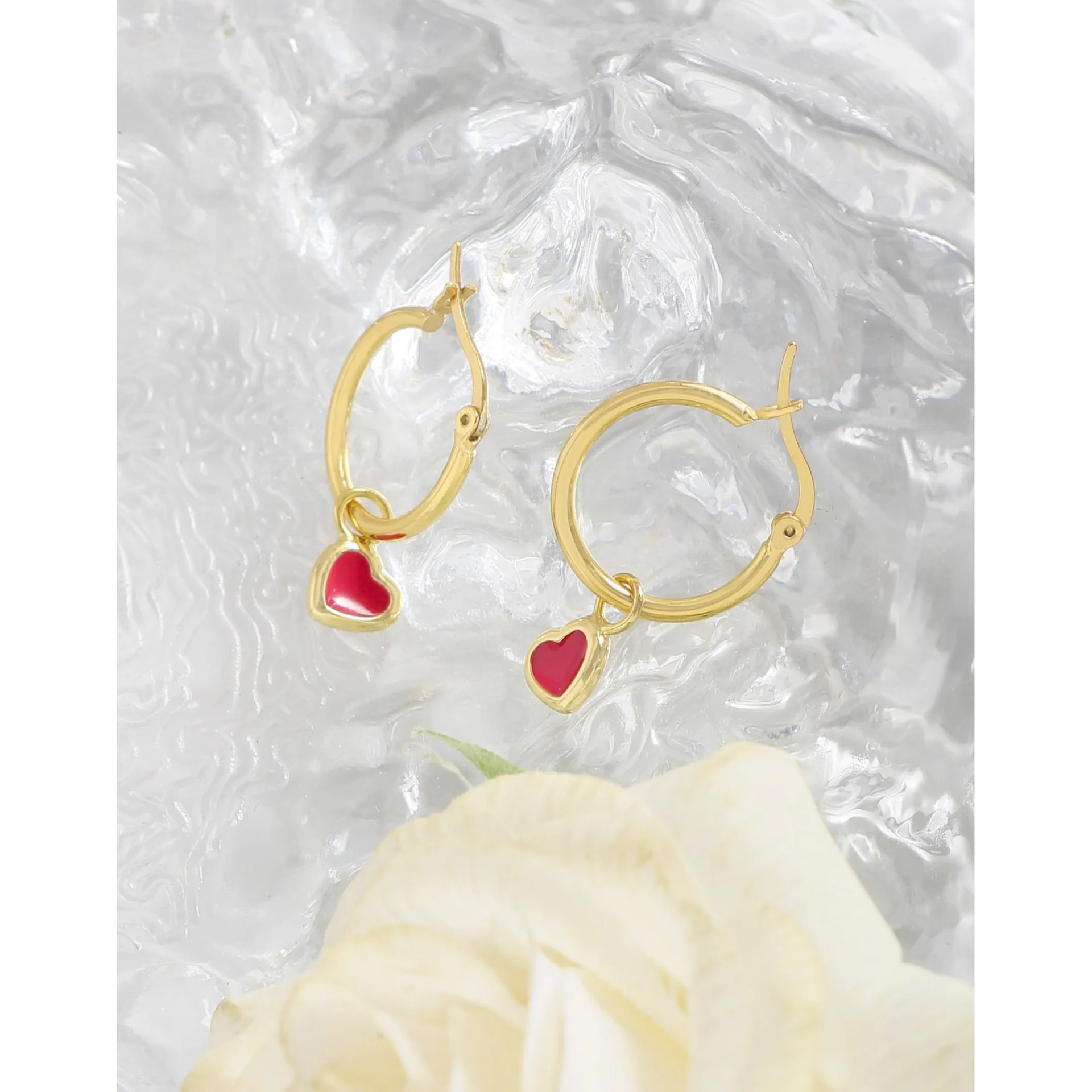 

New women's S925 pure silver ear nail champagne gold round pink enamel heart-shaped ear clip fashion jewelry