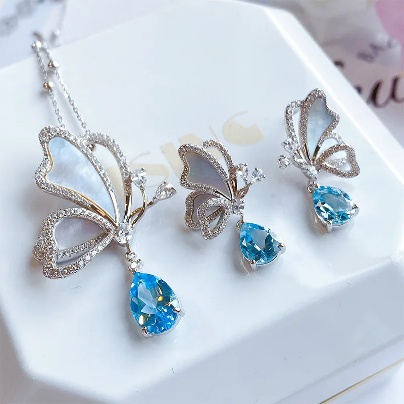 

Natural White Fritillaria Butterfly Drop Earrings Santa Maria Sea Blue Water Drop Pear-shaped Pendant Necklaces Jewelry Sets