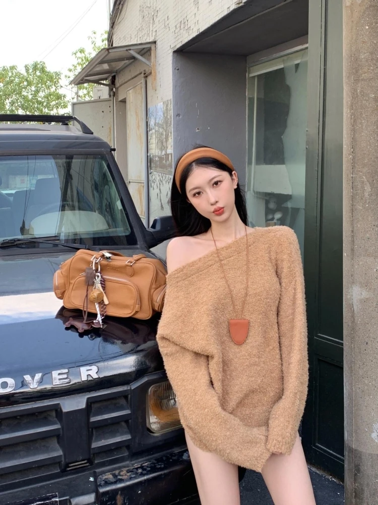 Французский сексуальный косой воротник с открытыми плечами и длинными рукавами