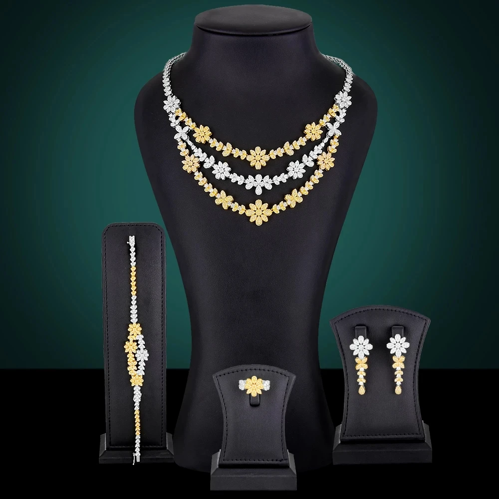 

Soramoore 4PCS Necklace Bangle Earrings Ring Women Wedding Full Micro Cubic Zircon Dubai Indian Earrings Bohemia Hot Mujer Moda