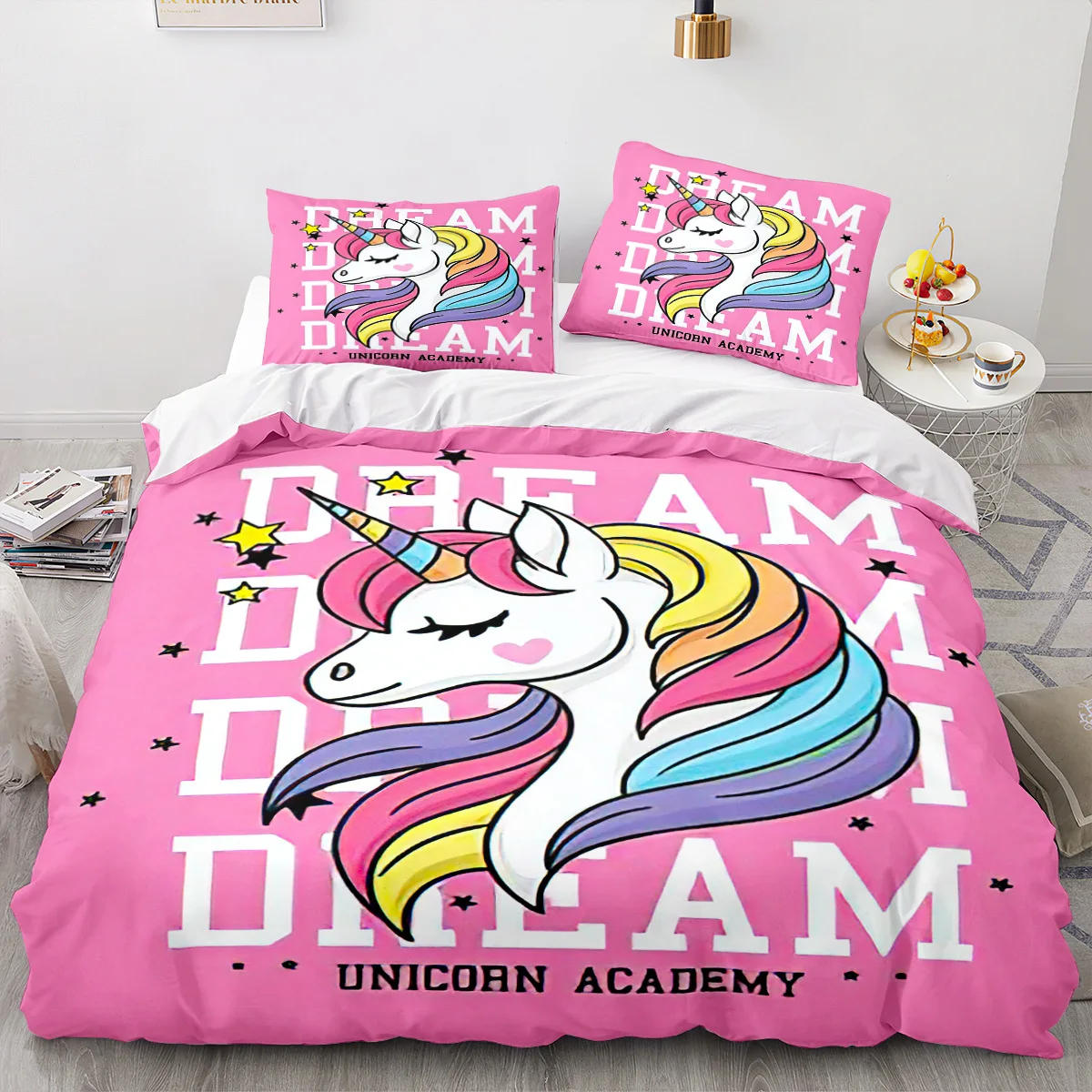 

Cute Romantic Theme for Kids Girls Polyester Comforter Cover Unicorn Duvet Cover Set Cartoon Galaxy Rainbow Colourful Unicorn