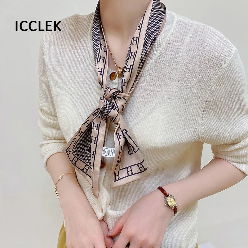 Korean fashion letter thin narrow long ribbon women's small silk scarf hair band spring and autumn decorative
