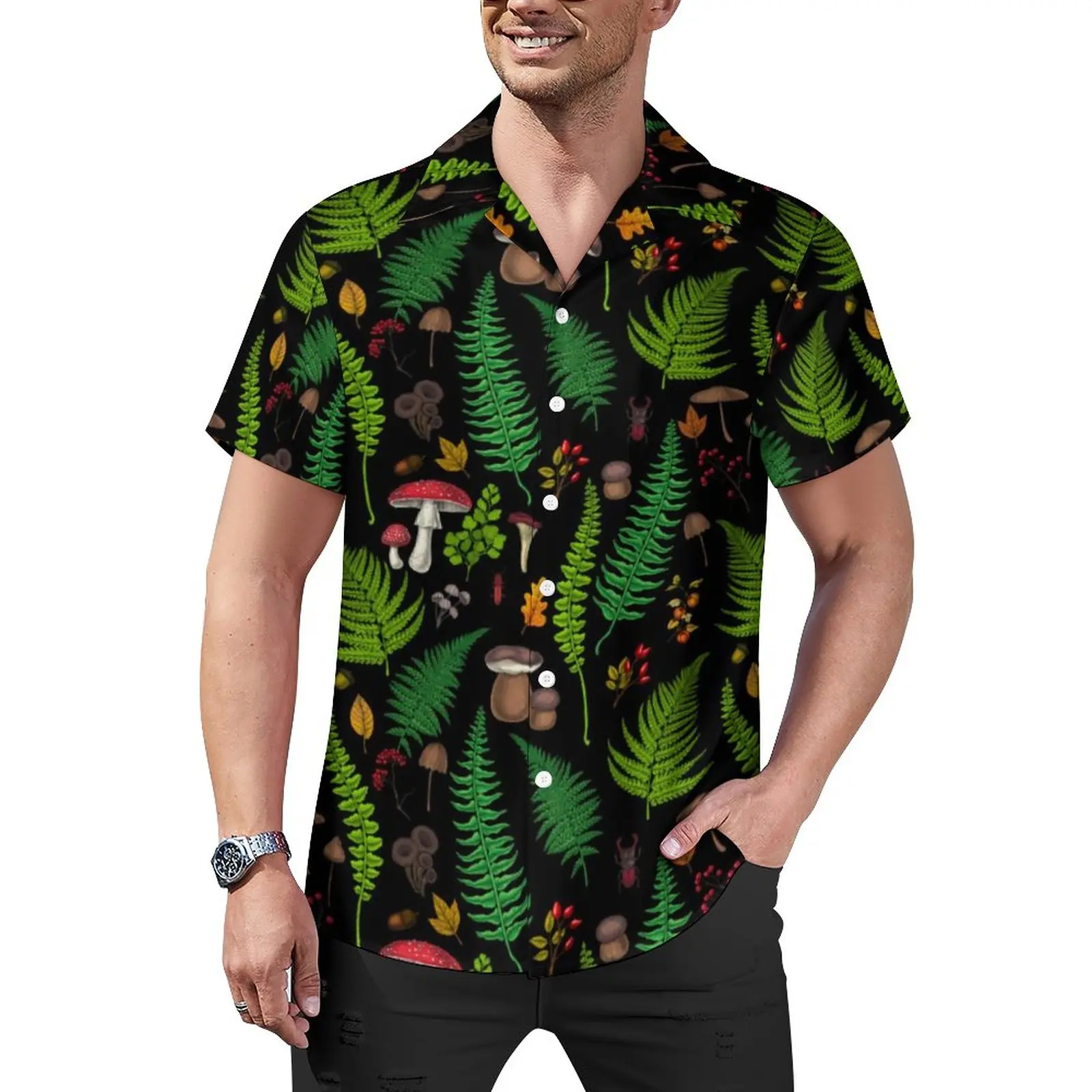 

Magic Mushroom Blouses Man Woodland Flora and Fauna Casual Shirts Summer Short-Sleeve Design Aesthetic Oversized Vacation Shirt