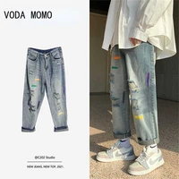 Men Jeans Summer Straight Wide-leg Thin Hole Ripped Jeans 3XL Loose Leisure Washed Denim Trousers All-match Fashion Korean