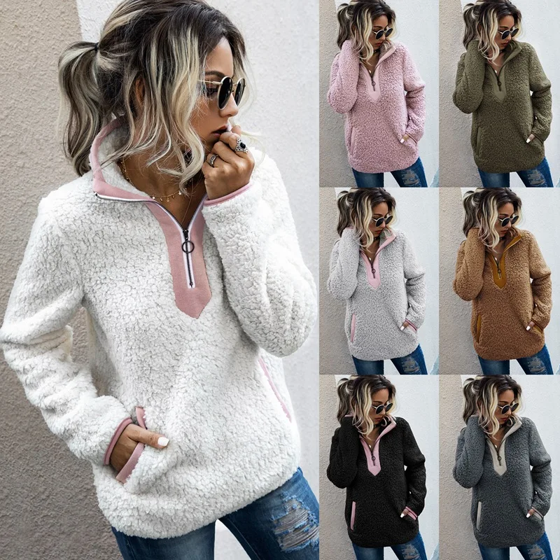 

Women Sherpa Sweater Teddy Fleece Pullover Half Zipper Lambswool Fleece Tops Female Warm Coat Sweaters White Brown Hoodies 2023