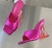 2022 new silk green womens strange style transparent high heels slippers square toe female sandalias de mujer