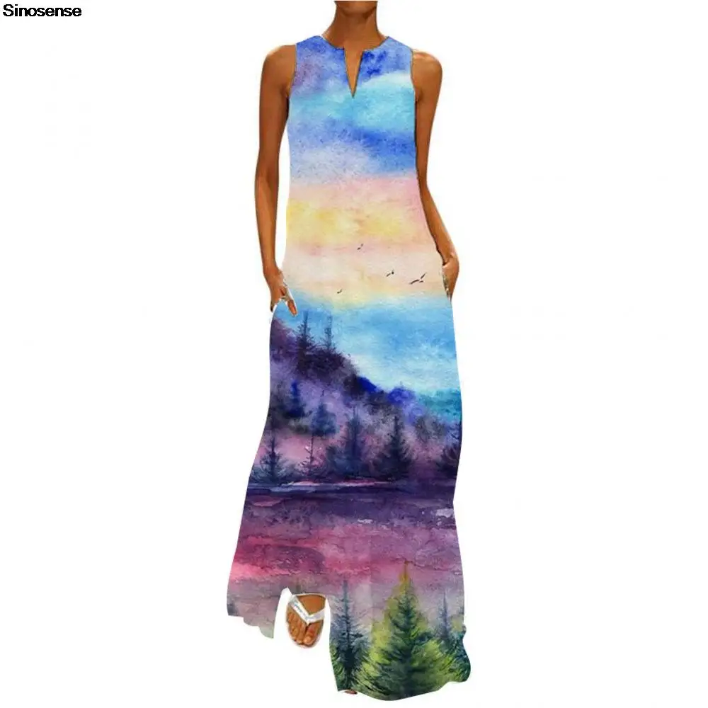 

Women's Printed Summer Boho Maxi Dress Casual Pockets Long Dress Sexy Sleeveless Tunic Tank A Line Loose Beach Party Dress 5XL