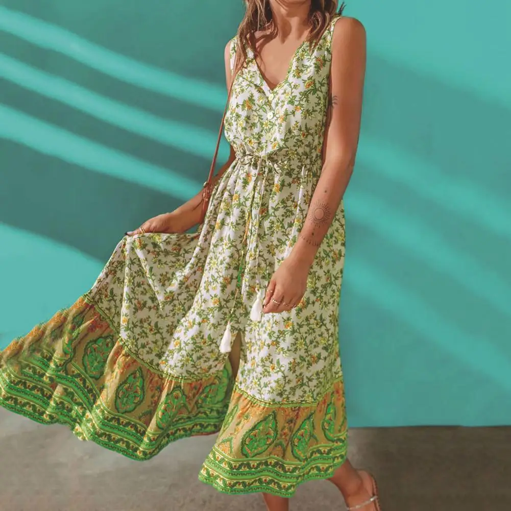 

Anti-pilling Stylish Women Elegant Print Summer Dress Comfortable Elegant Dress Waist Lace-up for Banquet