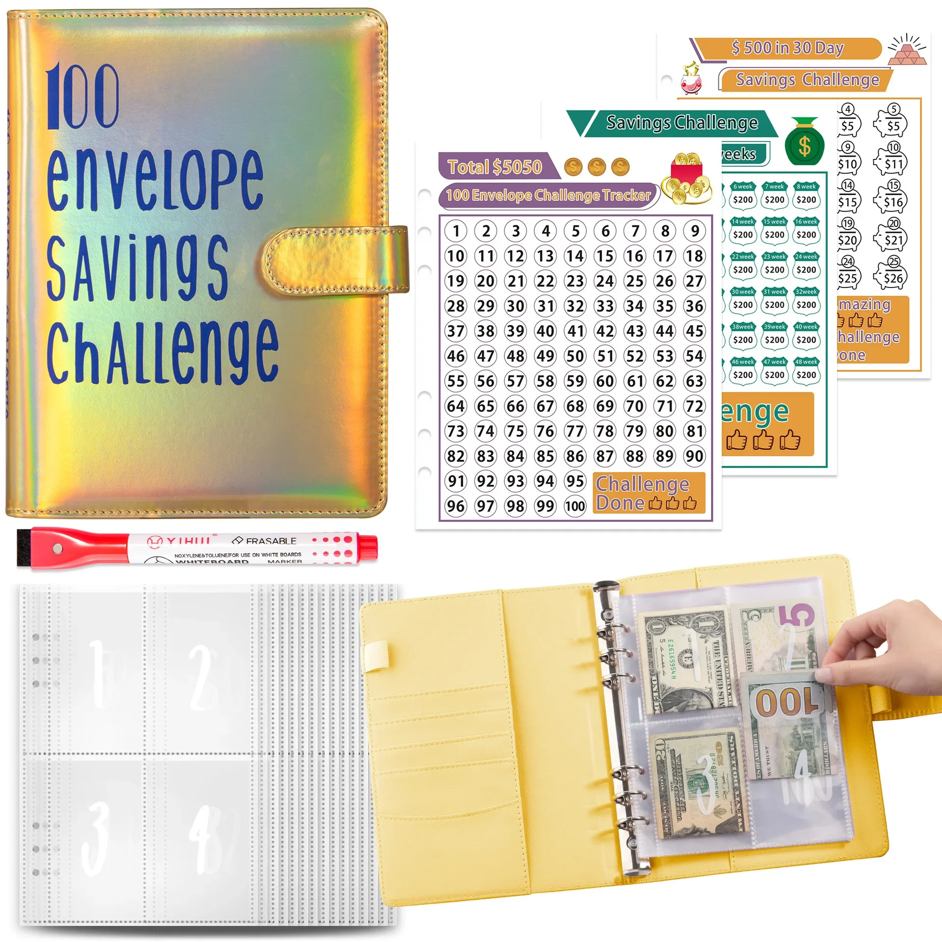 

100 Envelope Savings Challenge Laser A5 Loose-Leaf Binder Budget Binder With Cash Envelopes Money Organizer System
