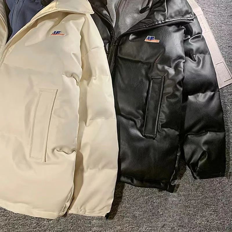 Winter Fake Two-Piece Hooded Cotton-Padded Coat Korean Style Loose PU Leather All-Matching Girls Boys Coat Couple Outerwear