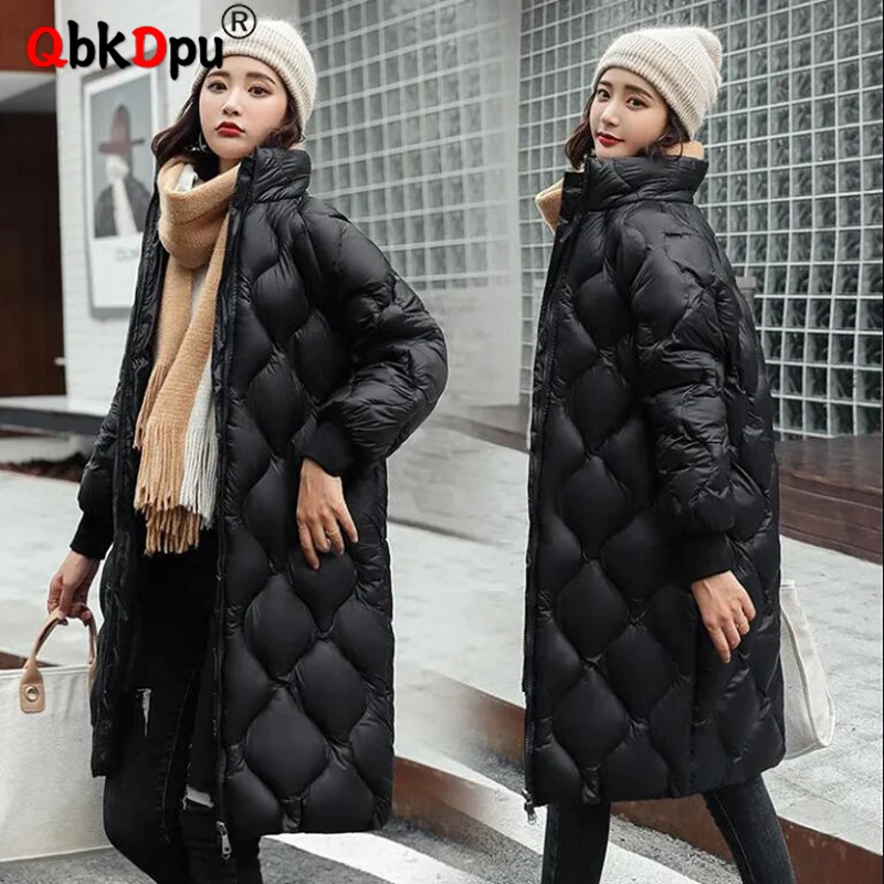 

Korean Fashion Puffy Abrigos Thicken Snow Wear Jackets Winter Warm Mid Length Down Cotton Parkas Oversized 80kg Glossy Overcoat