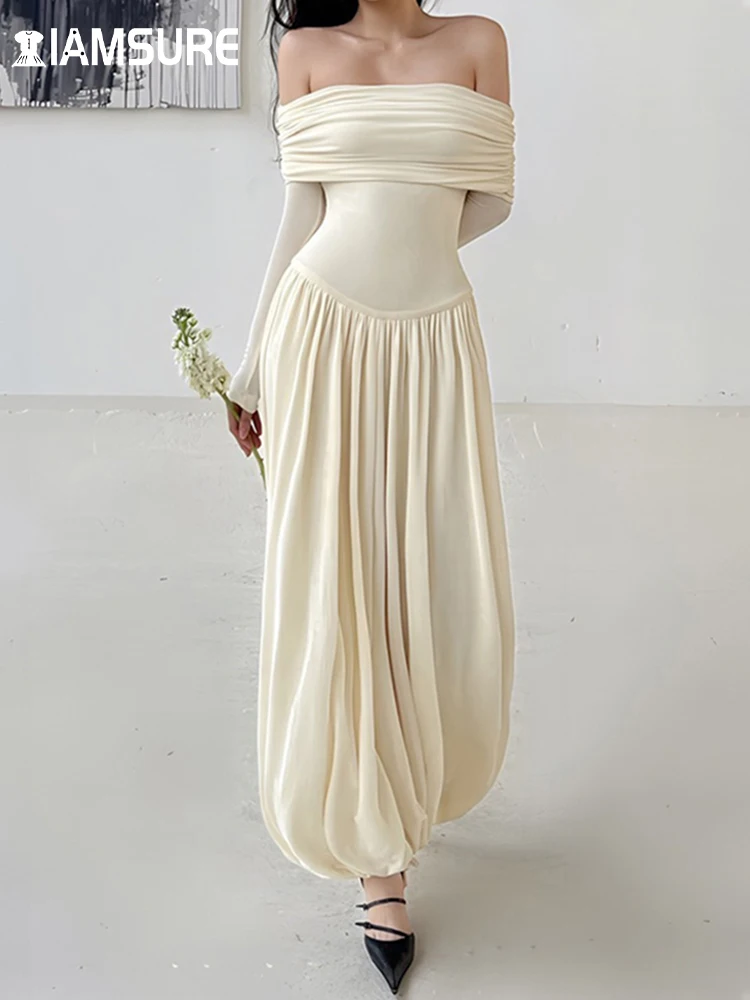 

IAMSURE Casual Solid Folds A-Line Dress Sexy Slim Slash Neck Long Sleeve Maxi Dresses For Women 2023 Auutumn Winter Fashion Lady