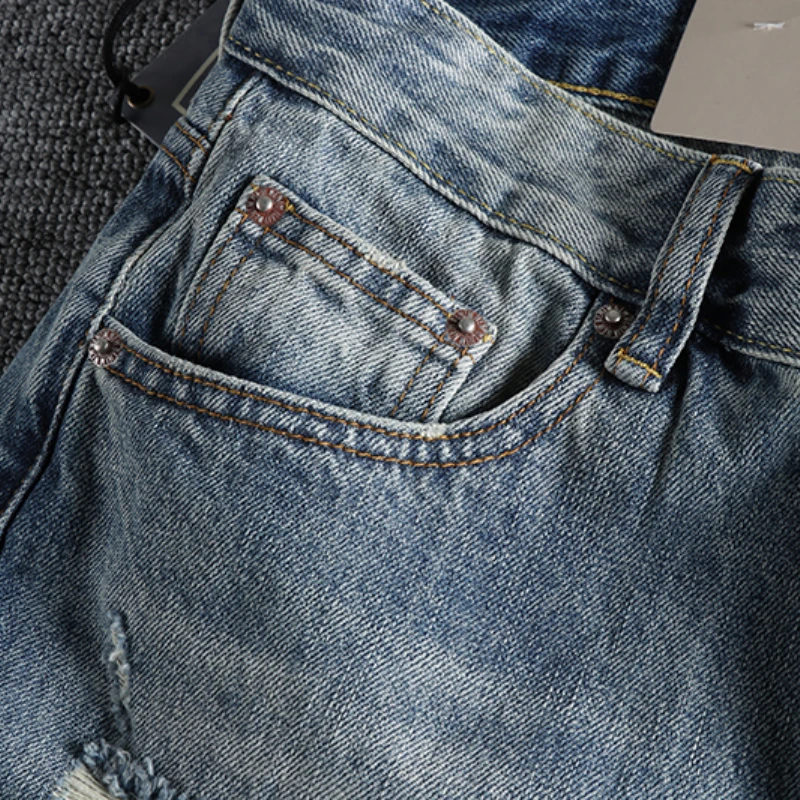 Retro trend heavy hole jeans men do old washed fabric comfortable Joker youth loose straight