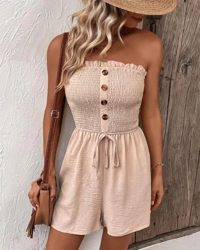 

Frill Hem Buttoned Drawstring Romper Summer Streetwear Sleeveless Shirred Design Bandeau Solid Color Shorts Jumpsuit for Woman