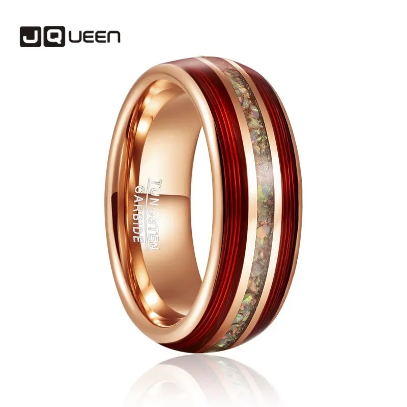 

JQUEEN 8mm Tungsten Carbide Steel Ring Rose Gold Inlaid Carbon Fibre Red Guitar String Opal Wedding Ring For Men Jewelry