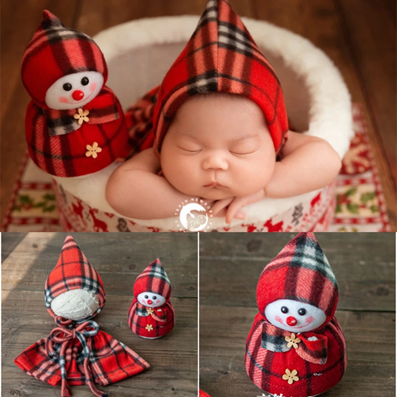 Dvotinst Newborn Baby Photography Props Christmas Red Plaid Shawl Hat Snowman Doll 3pcs Outfits Studio Shooting Photo Props