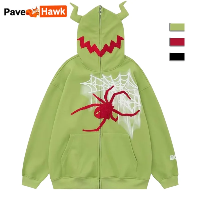

Devil's Horns Hooded Sweatshirt Men Harajuku Y2k Spider Hoodies Hip Hop Zipper Cardigan Jacket Unisex Harajuku Autumn Tops New