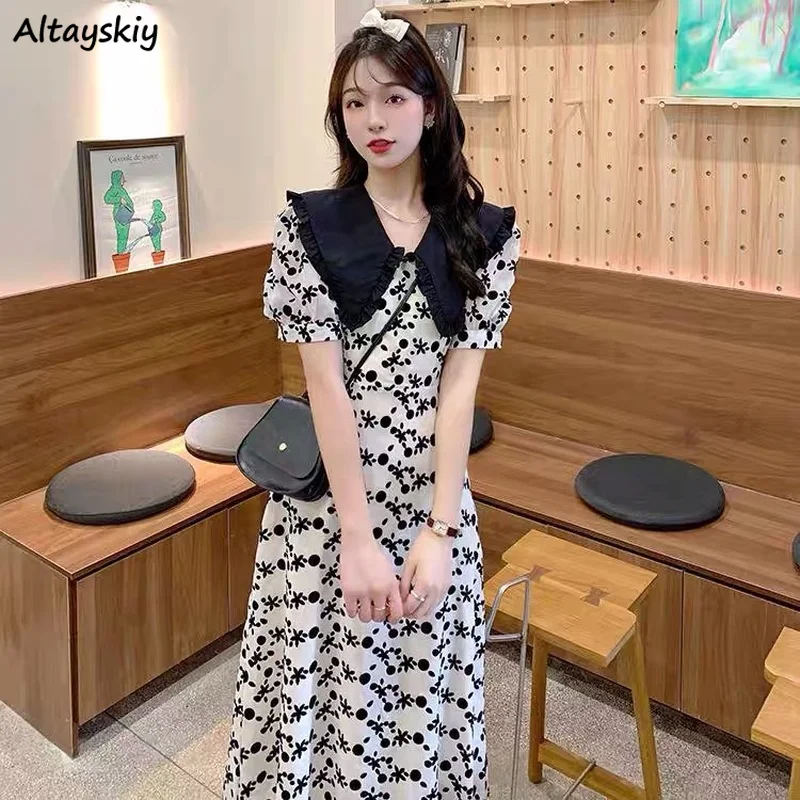 

Short Puff Sleeve Dress Women Sweet Peter Pan Collar Floral High Waist Summer Preppy Style Korean Tender Trendy New Arrival Chic