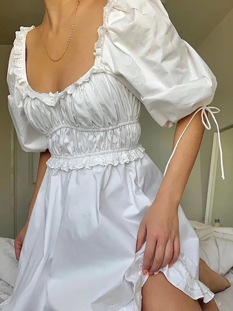 

Women's Dress Y2K E-Girls Female Dress Solid Square Neck Short Sleeve High Waist For Summer Dress 2022 Casual Dress Holiday Robe