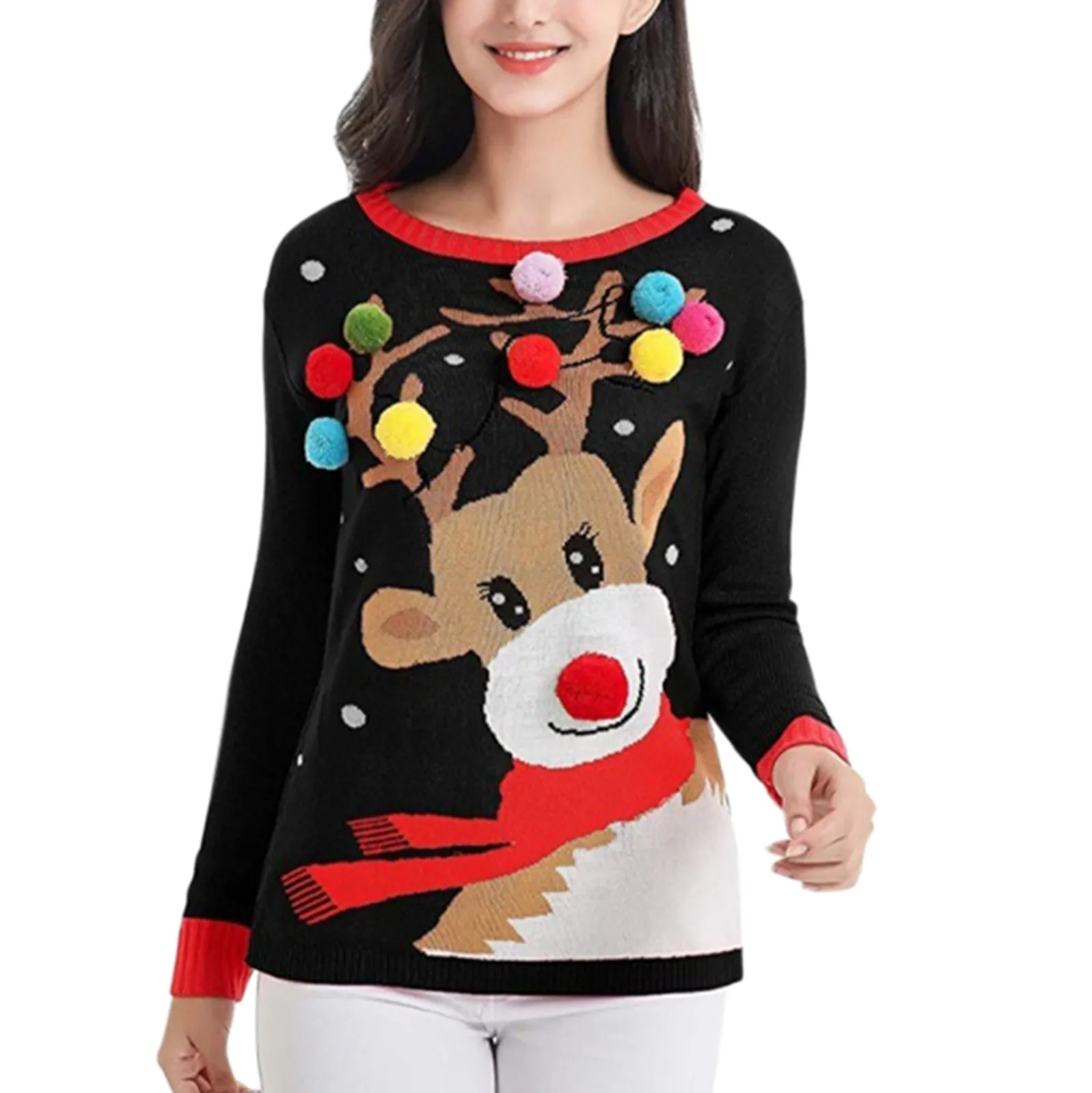 

Рождественский пуловер, свитер, новинка 2022, осенне-зимние повседневные пуловеры с мультяшным принтом, вязаные топы с круглым вырезом и длин...