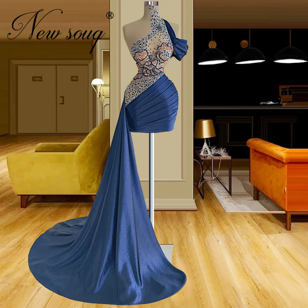 

Blue Mermaid Evening Dresses With Beaded Robes De Soiree Arabic Dubai Long Train Party Gowns 2022 Custom Made Couture Prom Dress