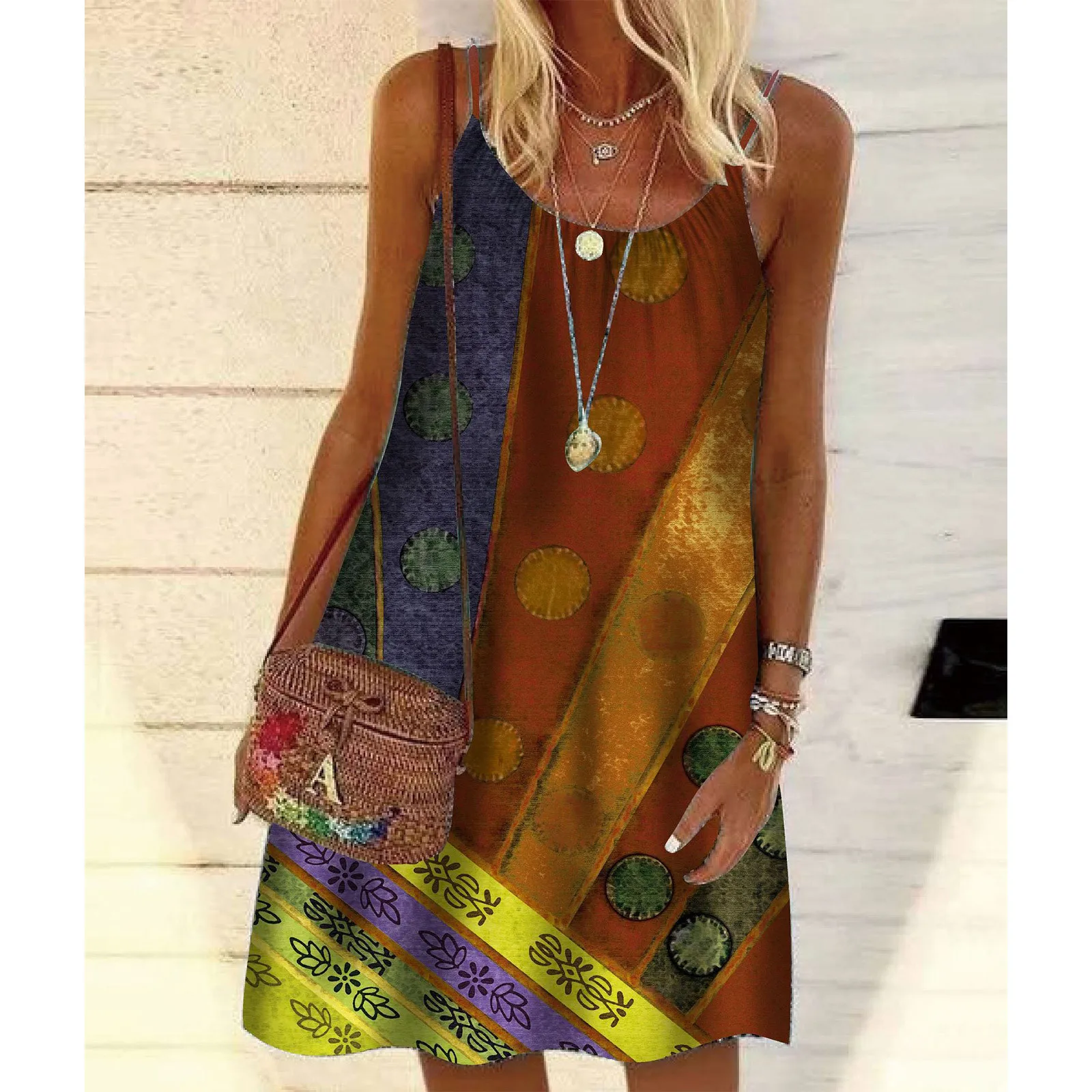 

Women's Spring Summer Sleeveless Spaghetti Strap Dresses Fashion Retro Printed Mini Dress Pullover Women Clothings robe femme