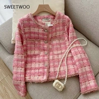 fall winter simple pink chic luxury woolen tweed jacket women clothes sweet coats top female outerwear casacos