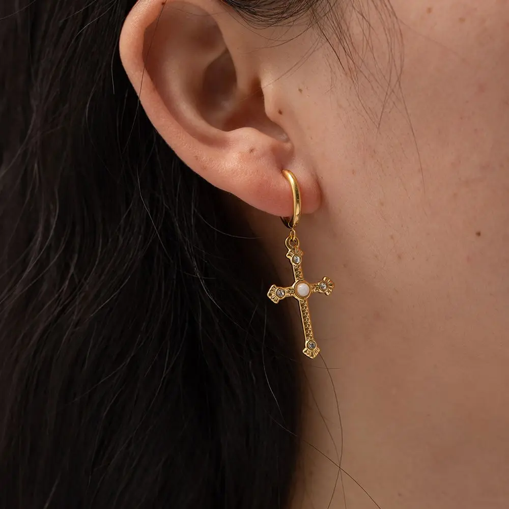 

Classic Cross Pendant Drop Earrings For Women Natural Stone Inlaid Zircon Dangle Earrings Ladies Stainless Steel Earrings