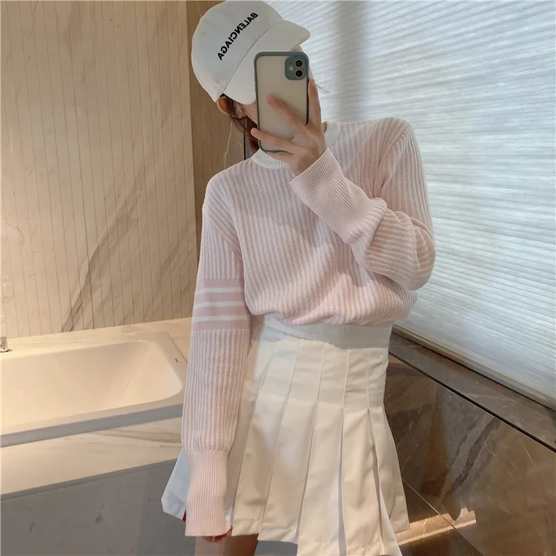 

TB Style Round Neck Pink Age Reducing Vertical Stripe Pullover Sweater Four Stripes Loose Lazy Sweater for Women In Autumn 22