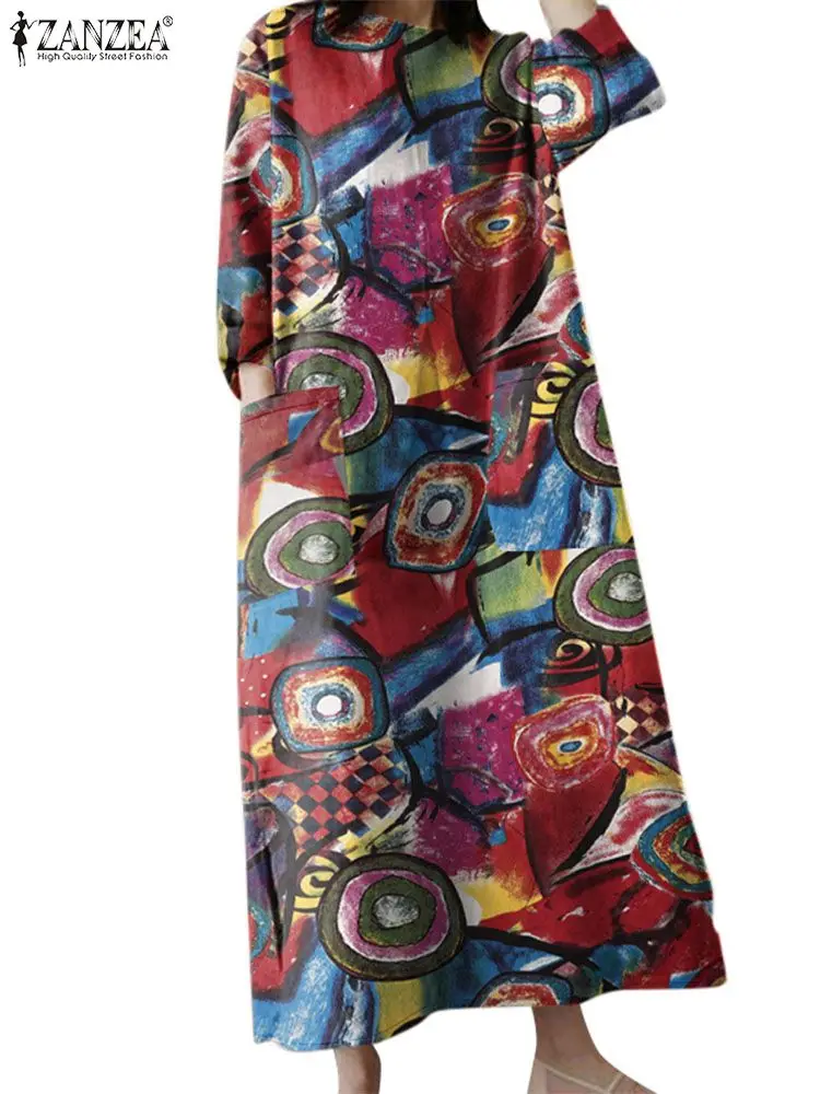 ZANZEA 2024 осеннее винтажное мешковатое платье с длинным рукавом сарафан кафтан