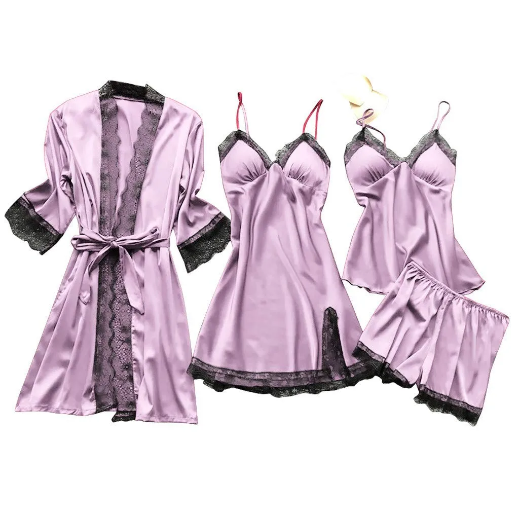 Long Sleeve Womens Pajamas Sexy Lace Lingerie Nightwear Underwear Sleepwear 4pc Suit Pajama Sets For Women Pijama Mujer