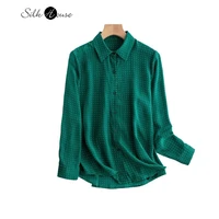 2022 spring and summer new silk crepe de chine lapel shirt green wave point versatile leisure mulberry silk long sleeve women