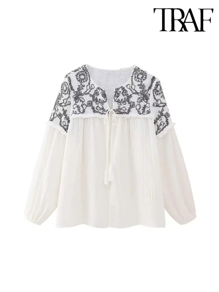 

Женская свободная рубашка с вышивкой TRAF Zevity, летняя блузка с рукавом до запястья и открытым швом, кардиган с завязками, Женский Топ, 2023