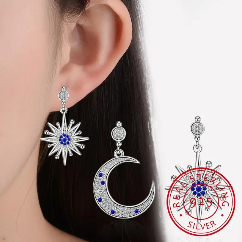 

Luxury 925 silver needle Earrings For Women Moon Star Micro Zirconia Asymmetric Tassel Earrings oorbellen S-E545
