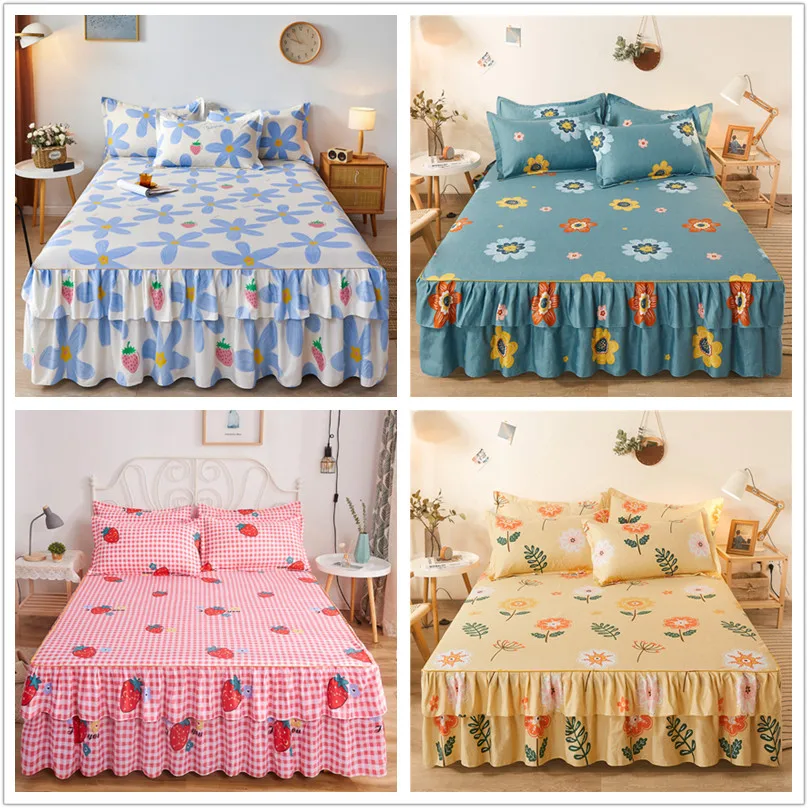 Double Lace Bed Skirt colcha de cama queen Plant Printed Bed Cover Single/Queen/King Size Bed Sheet Skirt(Pillowcase need order)