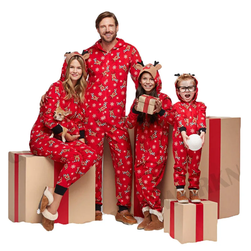 

2022 New Christmas Family Matching Outfits Mother Girl Jumpsuit Pajamas Family Clothes Father Son Cartoon Deer Hooded Zip Romper