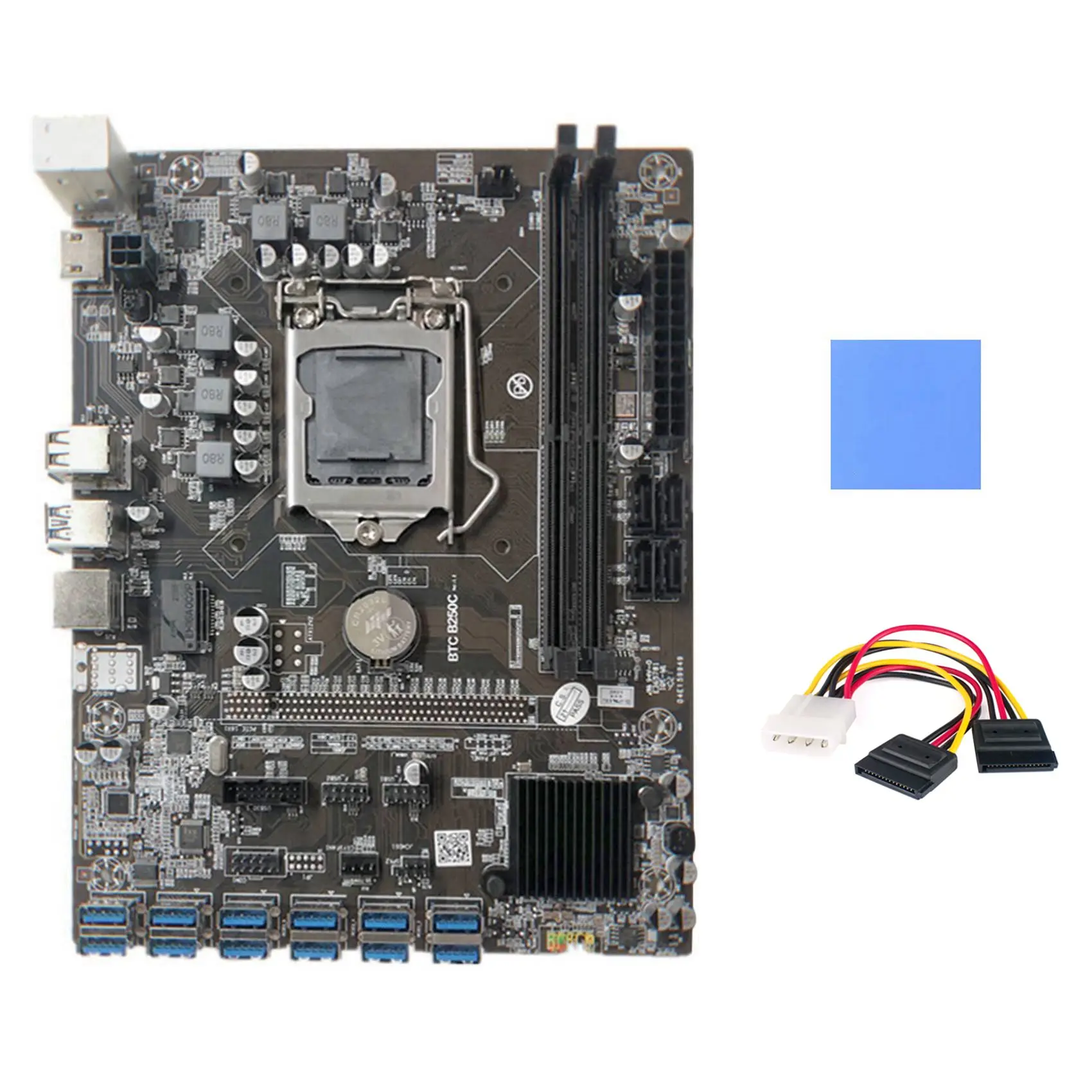 

B250C Miner Motherboard+Thermal Pad+4PIN to SATA Cable 12 PCIE to USB3.0 Graphics Card Slot LGA1151 Support DDR4 RAM
