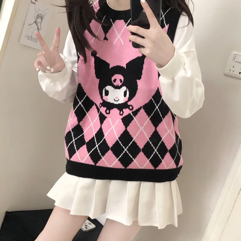 

Anime Kuromi Sanrio Kawaii Knitted Vest New Cute Sweet Cool Preppy Chic Plaid Student Autumn Warm Collocation Girl Birthday Gift