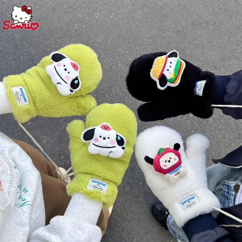 

Зимние женские перчатки Sanrio понравико с мультяшным рисунком милые плюшевые студенческие перчатки Ins плюшевые утолщенные теплые подвесные перчатки для верховой езды