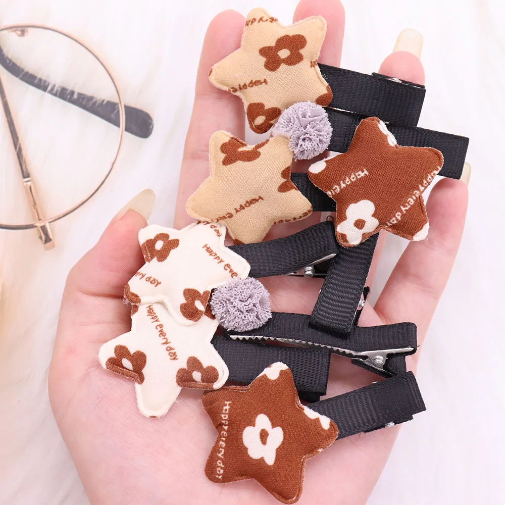 

2Pcs/Set New Flower Pattern Star-Shaped Haircli Fashion Fuzzy Princess Hairpin Colorful Hair Accessories Kid's Holiday Gift