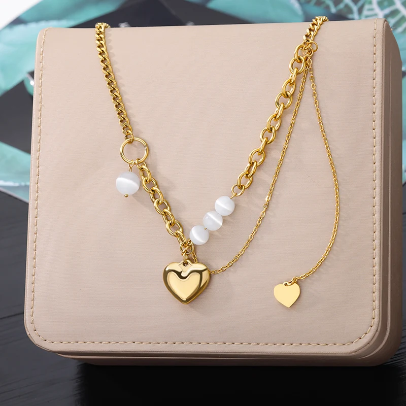 

Stainless Steel Romantic 2 Layer Pearl Heart Pendant Necklace For Women Girl Gift Trend Chain Fashion Jewelry Party Dropshipping