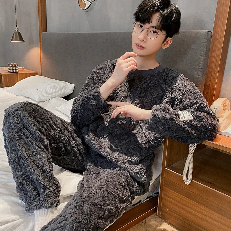 2022 Winter men's pajamas with fleece and thickened men's pajamas suit large size home wear coral fleece suit
