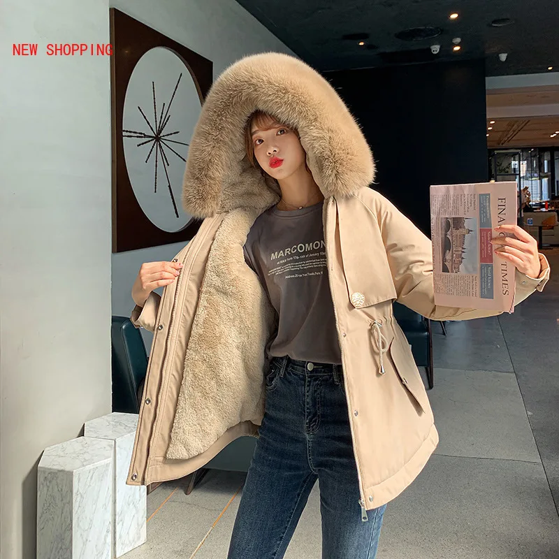 Women Parkas Winter Coat Luxurious Large Fur Collar Hooded Thick Warm Padded Jacket Dovetail Jackets Fur Lining Parka White 2020
