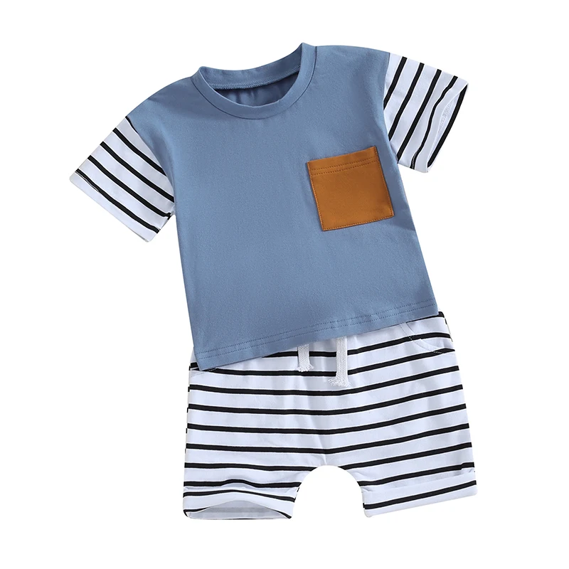 

Newborn Baby Boy Shorts Set Summer Clothes Short Sleeve Crew Neck T-shirt with Striped Shorts Outfit Baby Clothing