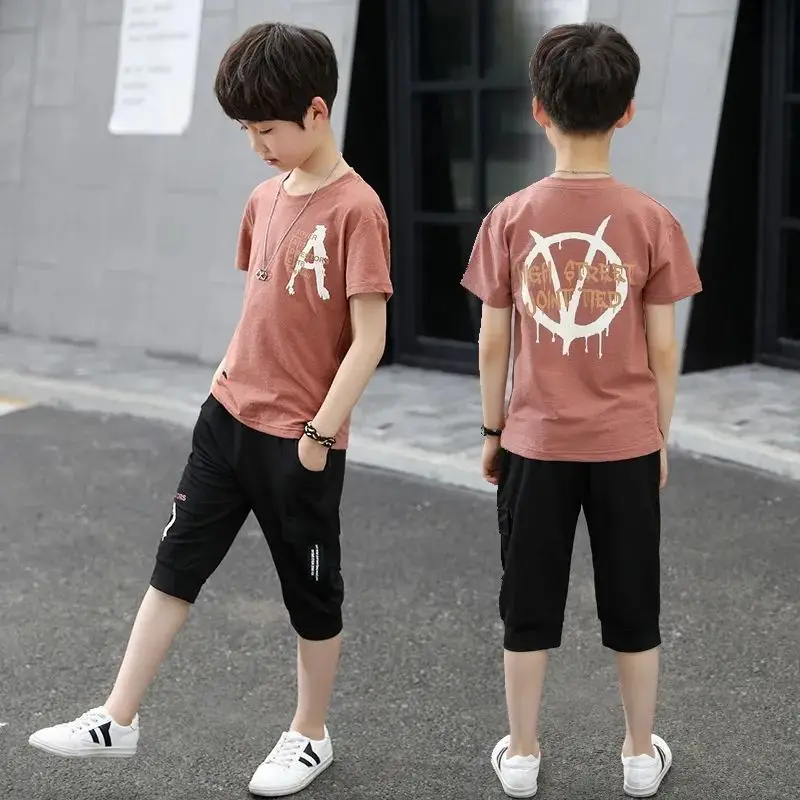 

Летняя одежда для мальчиков 5, 6, 7, 8, 10, 12 лет, 2023, повседневный комплект детской одежды, футболка с коротким рукавом + короткие штаны, Детский костюм