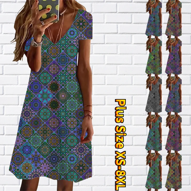 

Женское летнее платье-пуловер средней длины с принтом, новинка 2023, женское сексуальное облегающее платье с коротким рукавом и V-образным выр...