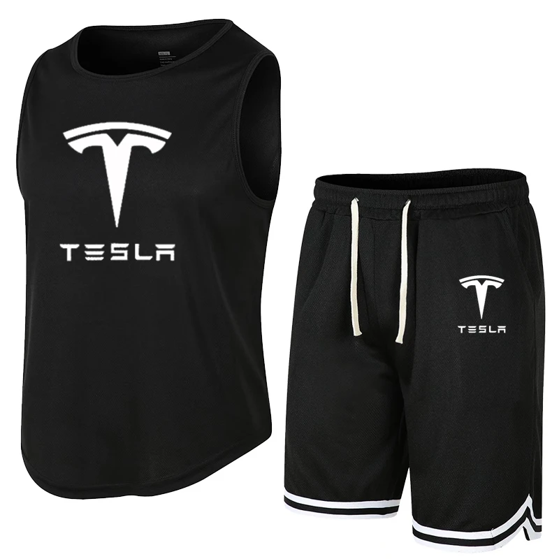 Tesla Summer basketball Sleeveless T-Shirt Set Men Tank Top + Shorts Male Fitness Competition Training Vest ventilate Tracksuit